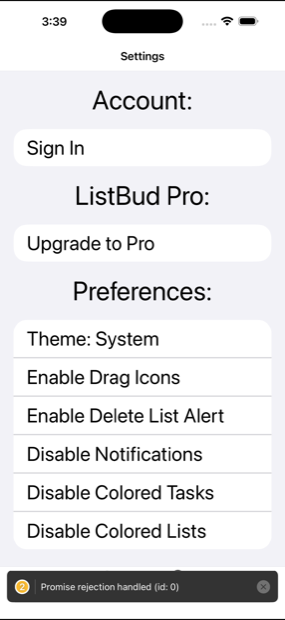 ListBud settings screen